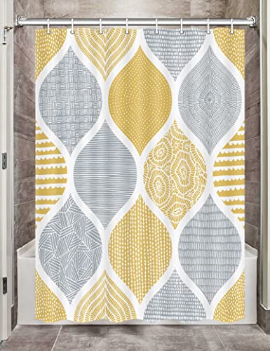 JAWO Yellow and Grey Camper RV Shower Curtain for Travel Trailer Bathroom, Bohemian Chic Camping Small Narrow Shorter Fabric Shower Curtains Set, Happy Camp Outdoor Decor Accessories with Hooks 47X64