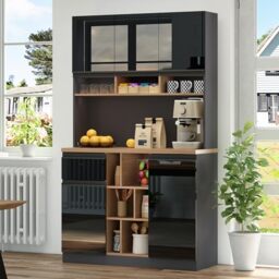 Ball & Cast Kitchen Cupboard, Tall Kitchen Cabinet, Buffet Sideboard, with High-Gloss Doors, Adjustable Shelves, Drawers & Open Storage, Tip-Over Protection, for Dining Room, Black, 105x45x185 cm
