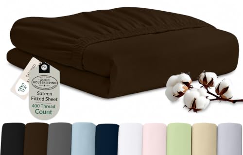 "Royale Linens 400 Thread Count 100% American Grown Cotton Fitted Sheet King Size - All Around Elastic Fitted Sheet - Luxury Sateen Weave - Snug Fit Bottom Sheets Fit Up to 16"" (King,Hazel Nut)"