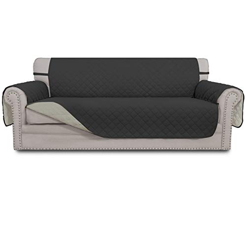 Easy-Going 4 Seater Sofa Slipcover Reversible Sofa Cover Water Resistant Couch Cover with Foam Sticks Elastic Straps Furniture Protector for Pets Dog Cat (XX-Large, Darkgray/Beige)