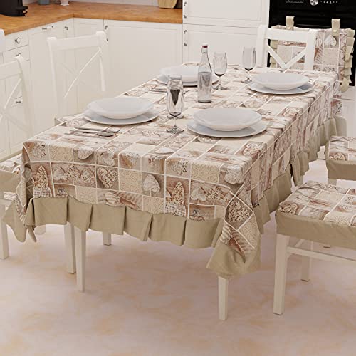 PETTI Artigiani Italiani - Tablecloth, Plastic Table Cover with Ruffles, Table Cover, Waterproof Outdoor Table Cover in Cotton Lidia Beige Design X6 Seats (140 x 180 cm) 100% Made in Italy