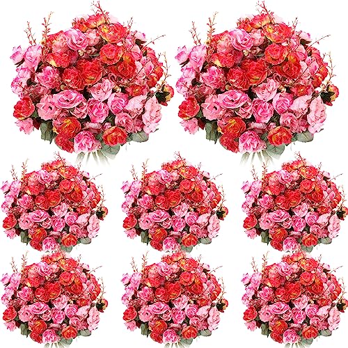 Geosar 8 Pcs Valentine's Day Artificial Rose Bouquet Fake Flowers Bundles 21 Heads Faux Floral Bouquet Leaf with Stem DIY Fake Rose for Home Bridal Wedding Centerpieces Decor (Rose Red)