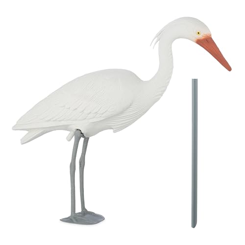 Relaxdays heron garden decoration figure, bird deterrent for garden & pond, outdoor decor, stakeable, white
