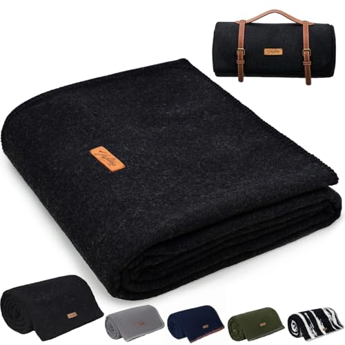 "Molithe 100% Wool Blanket, 62"" x 86"", Warm, Thick, Washable, Military Wool Blanket, Great for Camping, Outdoors, Sporting Events, Survival Kits,Carbon Black"