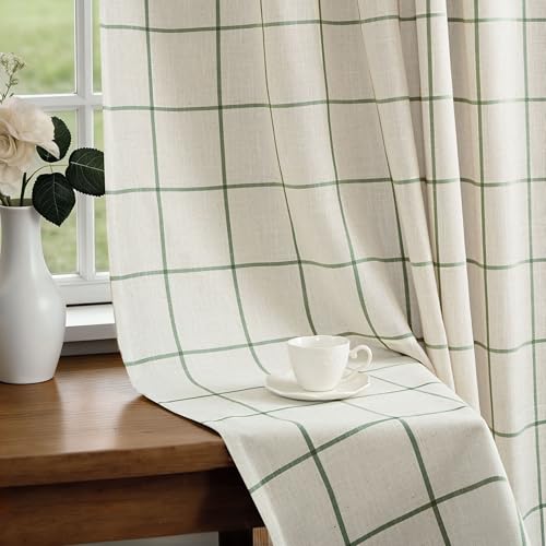 DriftAway 2 Panels 100% Blackout Windowpane Plaid Linen Curtains Double Layer Drapes for Bedroom 84 Inches Long Farmhouse Thermal Insulated 3.25 Inch Rod Pocket Back Tab for Living Room Loden Green