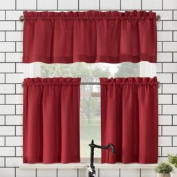 "No. 918 Martine Microfiber Semi-Sheer Rod Pocket Kitchen Curtain Valance and Tiers Set, 54"" x 45"", Red"