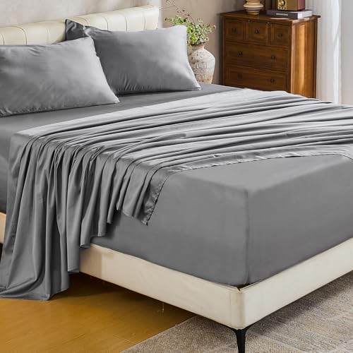"MEISHANG Extra Deep Pocket Cotton Sheets Queen Size - 100% Egyptian Cotton 1000 Thread Count - Fits 18""-24"" in Deep Mattress,Oeko-Tex Certified, Soft & Breathable - 4 Piece (Queen, Silver Grey)"