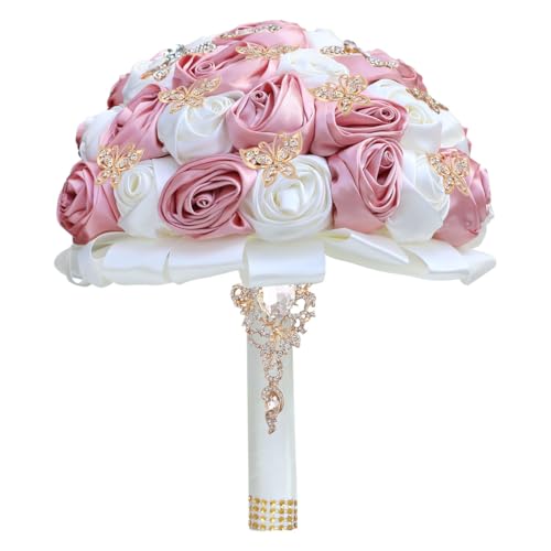 "Mhojpik Handmade Wedding Flowers Bouquet Round Holding Bridal Bouquet Toss Artificial Rose Bunch for Bride Bridesmaid Wedding Quinceanera (Blush & Ivory, 8.7"")"