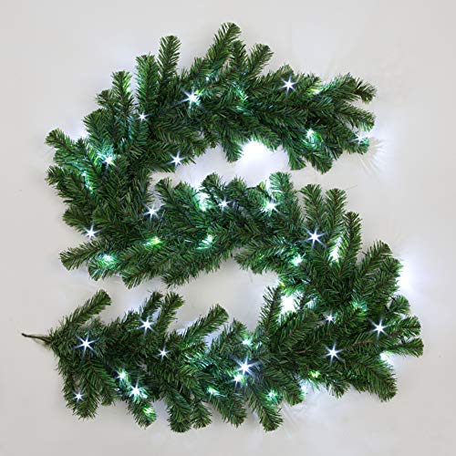 2m/200cm Pre-Lit Green Christmas Garland Alaskan Pine for Fireplaces Home Wall Door Stair Artificial Xmas Tree Garden Yard Decorations with 50 White LEDs