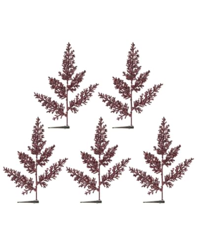 Set of 5 Burgundy Glitter Leaf Christmas Tree Picks, 23cm Sprays - 5 burgundy glitter leaf picks, 23cm decorative Christmas sprays for trees, wreaths, garlands and festive displays