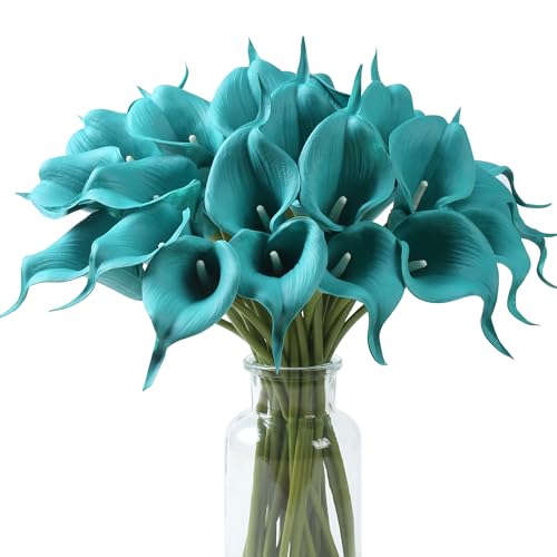 SITUMEIZI 24 PCS Teal Fake Flowers Artificial Calla Lily Silk Flowers Real Touch for Mother's Day Easter Home Kitchen Decor Wedding Bouquet Office Spring Decoration(Teal Blue)