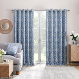 Dreams & Drapes Blue Damask Eyelet Curtains - W90 x L72 (229 x 183cm) - 2 Panels for Bedroom and Living Room - Delft Floral Design in Blue & White