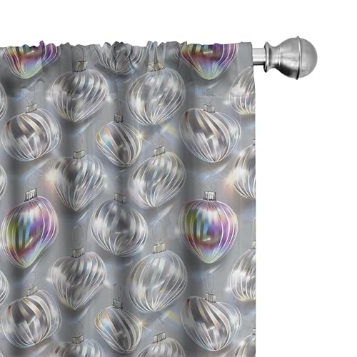 "Ambesonne Christmas Window Curtains, Xmas Tree's Globes Grayish Tone Closeup with Colorful Lines Print, Lightweight Decor 2-Panel Set with Rod Pocket, Pair of - 28"" x 84"", Pale Grey White and Pink"