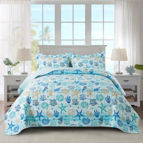 Travan Beach Quilt King Size Bedding, Ultra Soft & Fade Resistant Coastal Quilt with 1 Quilt Set and 2 Shams, Starfish Conch Pattern Quilt for All Season, Colorful Starfish, King
