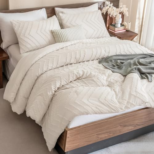 Andency Oversized Queen Comforter Set, 3 Pieces Beige Boho Soft Bedding Set - Cream Warm Neutral Bedding Comforter Sets, Aesthetic Chevron Farmhouse Cute Bohemian Textured Bed Set