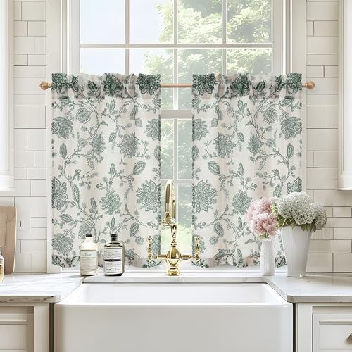 DriftAway Kitchen Curtain Floral Tier Linen Short Floral Paisley Patterned Cafe Curtains 36 Inch Length for Living Room Bathroom Freda Jacobean Farmhouse Country Drapes Rod Pocket 2 Panels Loden Green