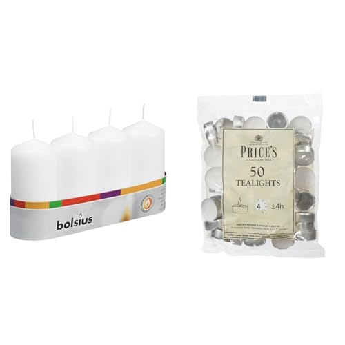 Bolsius Pillar Candles - White - Pack of 4 - Long Burning Time of 20 Hours - Household & Prices Patent Candles White Tealights Bag, Pack of 50, Wax, l x 3.8cm w x 1.8cm h