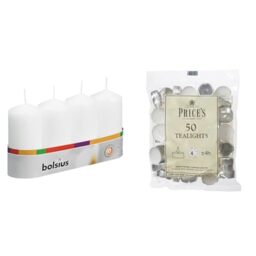 Bolsius Pillar Candles - White - Pack of 4 - Long Burning Time of 20 Hours - Household & Prices Patent Candles White Tealights Bag, Pack of 50, Wax, l x 3.8cm w x 1.8cm h