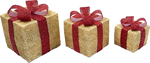 SHATCHI Light Up Christmas Parcels Pre-Lit Battery Operated LED Glitter Sisal/Rattan Xmas Presents Holiday Home Novelty Decorations Set of 3 – Gold/Red/Cream/Tartan, 25cm/20cm/15cm