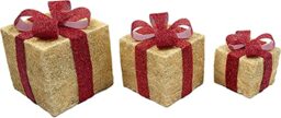 SHATCHI Light Up Christmas Parcels Pre-Lit Battery Operated LED Glitter Sisal/Rattan Xmas Presents Holiday Home Novelty Decorations Set of 3 – Gold/Red/Cream/Tartan, 25cm/20cm/15cm