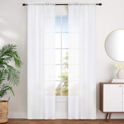 "MYSTIC-HOME Sheer Curtains White 95 Inches Long, Window Treatments Rod Pocket Drapes Bedroom, Semi Crinkle Voile Curtain Panels Set of 2, White, 52"" Wx95 L"