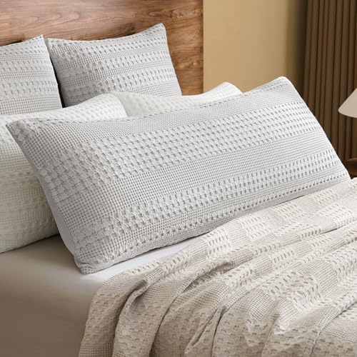 "PHF 100% Cotton Waffle Body Pillowcase with Zipper, 1 Pack 20"" x 54"" Soft Skin-Friendly Pillow Sham, No Filling, Aesthetic Woven and Breathable Waffle Weave Body Pillow Cover for Bed, Light Grey"