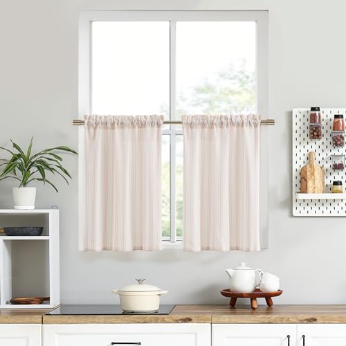 "ZJDECOR Farmhouse Light Filtering Pink Stripe Cafe Curtains,27"" Wx36 Lx2 - Kitchen Curtain,Semi Sheer,Rod Pocket,Cotton Blended Tier,Farmhouse Style,Bathroom RV Window Treatment"