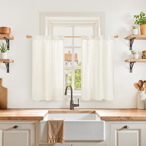 YoungsTex Ivory Linen Curtains 36 Inch Length, Small Half Drapes Semi Sheer with Rod Pocket Back Tab Lightweight for Cafe Kitchen Window Over Sink, 2 Panels, 24 X 36 Inch