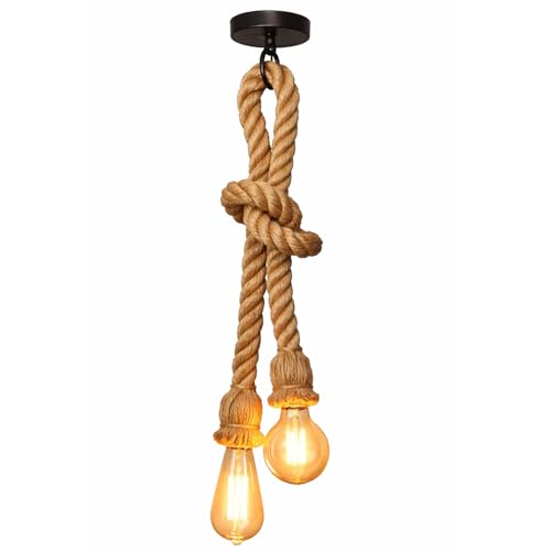 LEDSone Hemp Rope Ceiling Pendant Light, Double Head 2Meter Vintage Rope Pendant Light Fixture E27 Base, Retro Rope Hanging Light Vintage Ceiling Light for Dining Hall Restaurant Cafe Bar