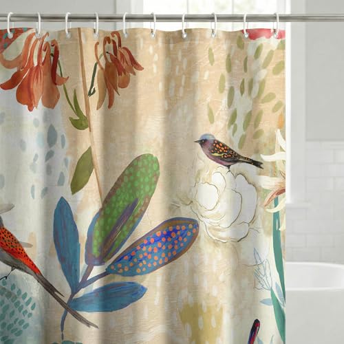 Americanflat 71x74 Floral Shower Curtain - Water-Resistant Long Shower Curtain with Metal Grommets and 12 Hooks - 100% Polyester - Botanical Bathroom Curtains - Beige, Blue, Green, Coral and Pink