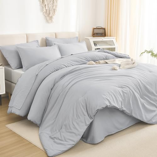 Litanika King Size Comforter Set Light Grey - 7 Pieces Bedding Bed in a Bag King Beddding Comforter Sets, Solid Lightweight Bed Set with Comforter, Sheets, Pillowcases & Shams