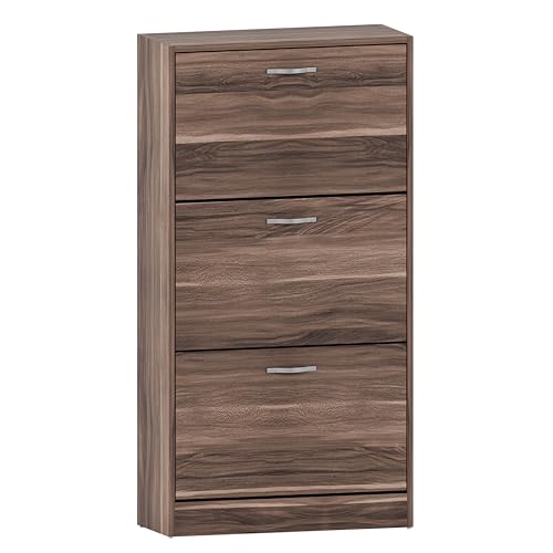 Vida Designs Shoe Cabinet, Wooden Shoe Storage Unit with 3 Pull-Down Drawers, Multifunctional Dust-Proof Space-Saving Slim Cupboard for Hallway or Entryway (Walnut)