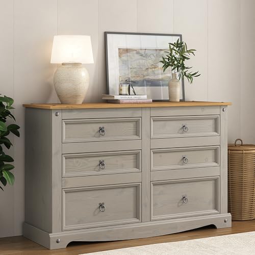 Mews Corona Grey Chest of Drawers 6 Drawer Solid Pine Mexican 3+3 Wooden Sideboard with Elegant Contrasting Gunmetal Finish Handles and Hinges