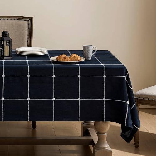 ZeeMart Grid Embroidered Rectangle Tablecloths 60x120in, Hem/Dark Navy - Heavy Weight Non-sheer Linen Fabric, Mitered Corner Finish, Water Resistant Farmhouse Table Cover, Boho Plaid Home Decor