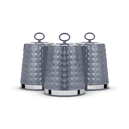 Tower Solitaire Set of 3 Canisters, Mirror Finished Steel Lid with Round Loop, Airtight, Grey