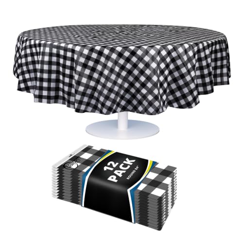 "Black Checkered Gingham 12 Pack Premium Disposable Plastic Tablecloth 84"" Inch Round Checkered Racing Flag Table Cover By Grandipity"