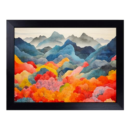 Lap Tray with Bean Bag Cushion, Japanese Mountains Colour Field - Handmade in the UK, Raised Wooden Edge, Padded Cushion, Heat-Resistant Wipe-Clean Surface, for Meals, Laptops and Crafts