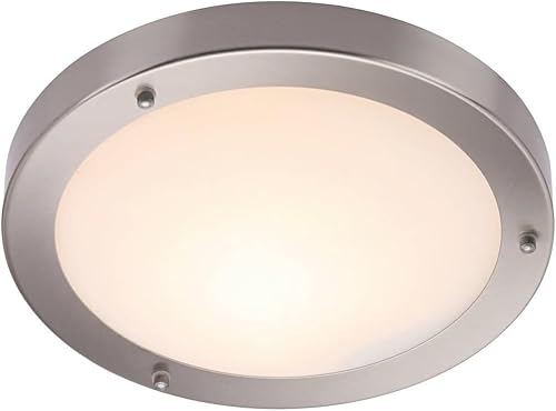 Portico IP44 Rated Flush Round Satin Nickel 300mm Disc Dimmable Bathroom Ceiling Light Fitting with Frosted Glass Shade Zone 2