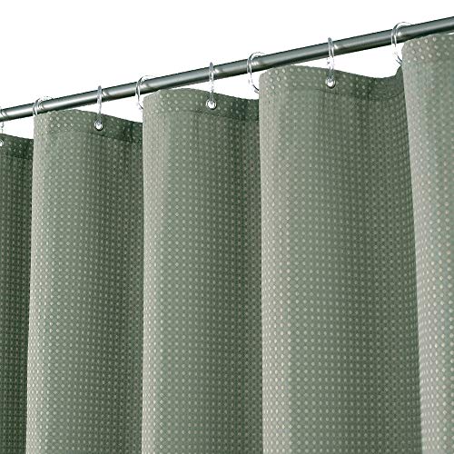 Short Waffle Weave Fabric Shower Curtain 66 inch Long, Hotel Luxury Spa, 230 GSM Heavy Duty, Water Repellent, Machine Washable, Sage Green Pique Pattern Decorative Bathroom Curtain, 71x66