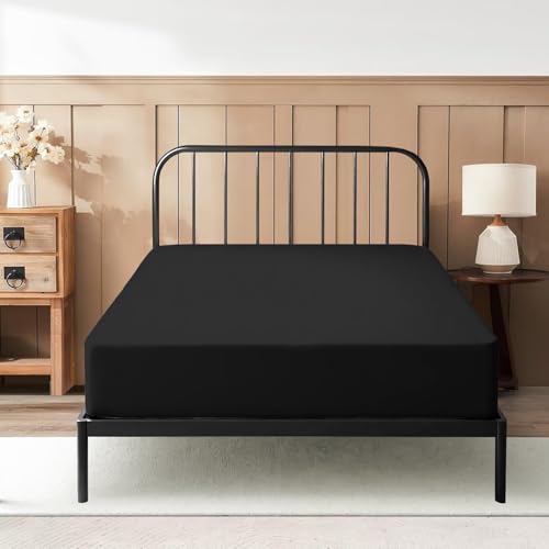 "Cot Fitted Sheet 25 x 75 Inches 6"" Deep Pocket 100% Egyptian Cotton 600 Thread Count Snug Fit for Trifold Mattress, Narrow Twin, Camp Bunk, Guest Bed, Army Cot Soft & Breathable ??? Black"