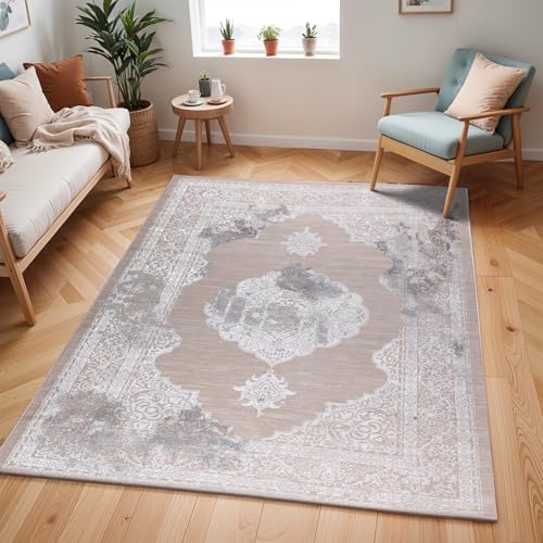 Livabliss Azra Tangier Vintage Indoor Carpet 200x275 cm, Living Room, Bedroom & Dining, Oriental Boho Style, Short Pile, Easy Care, Beige