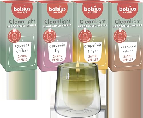 Bolsius - CleanLight Starter Set - Refillable Scented Candle - Holder & 9 Refills - Multiple Fragrances - Green - Burning Time of 20 Hours - Natural Extracts & Vegan Wax - No Palm Oil