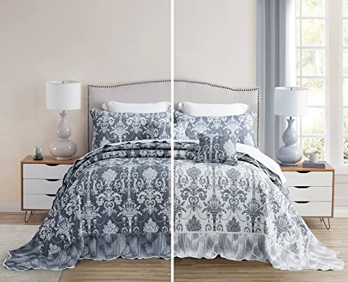 Blythease Oversized King Bedspread, Jacquard Damask, Blue Gray - Generous Coverage, 5-Piece Quilt Set, Matelasse Design, Two-Tone Reversible Coverlet, Scalloped Edge, King/Cal King