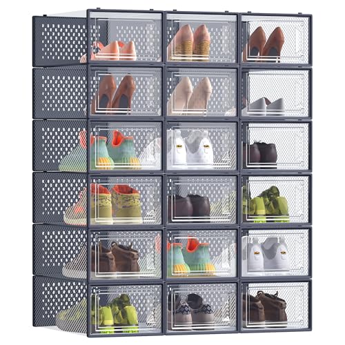 SONGMICS Shoe Boxes, Pack of 18 Stackable Shoe Storage Organisers - Foldable and Versatile for Sneakers, Fit up to UK Size 8, Charcoal Blue, Dennys Collection LSP18SB30