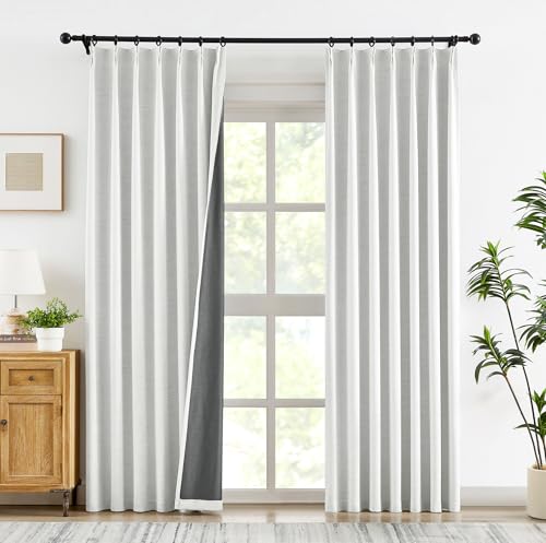 "Greyish White Pinch Pleated Blackout Curtains for Living Room, Linen Textured Pleated Drapes with Hooks and Rings for Bedroom 40""Wx102""L, 2 Panels, Heavy Deauty 95% Light Blocking Window Drapes"