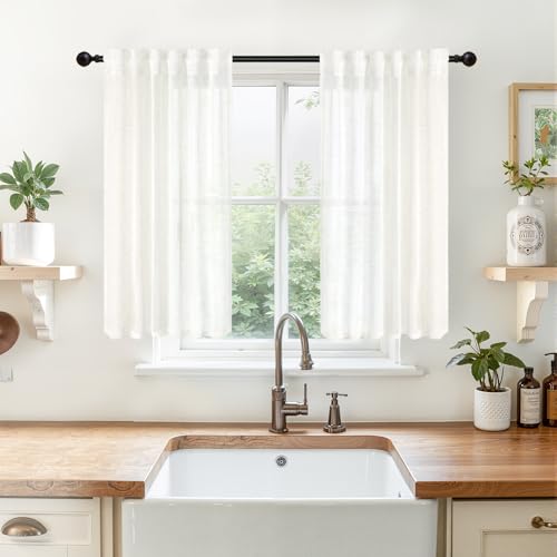 YoungsTex Linen Semi Sheer Curtains 40 Inch Length for Kitchen Window, Short White Light Filtering Drapes Textured with Rod Pocket Back Tab for Cafe Window Over Sink, 2 Panels, 34 X 40 Inch