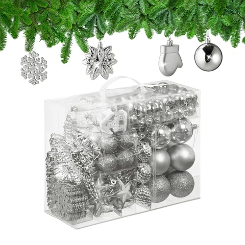 Relaxdays 100x Christmas Ornaments, Baubles, Glittering, Matte & Shiny, Tree Decorations, Plastic, 10 Designs, Silver