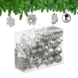 Relaxdays 100x Christmas Ornaments, Baubles, Glittering, Matte & Shiny, Tree Decorations, Plastic, 10 Designs, Silver