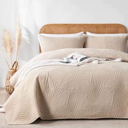 "OARAGE Beige Full/Queen Quilt Bed Set???90""x 96"",3 Pieces Lightweight Bedspread with 2 Shams for Summer, Soft Coverlet Embossed Pattern Quilted Comforter for All Season (1 Quilt, 2 Shams)"
