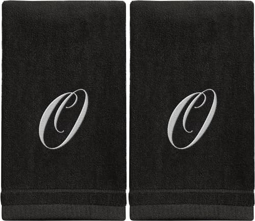 Monogrammed Towels Fingertip, Personalized Gift, 11 x 18 Inches - Set of 2 White Embroidered Towel - Extra Absorbent 100% Cotton - Soft Velour Finish - For Bathroom/Kitchen/Spa - Initial O (Black)